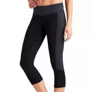 ATHLETA‎ ZIPPY BALANCE BLACK/GRAY WOMEN'S STRETCH CAPRI RUCHED LEGGINGS SMALL